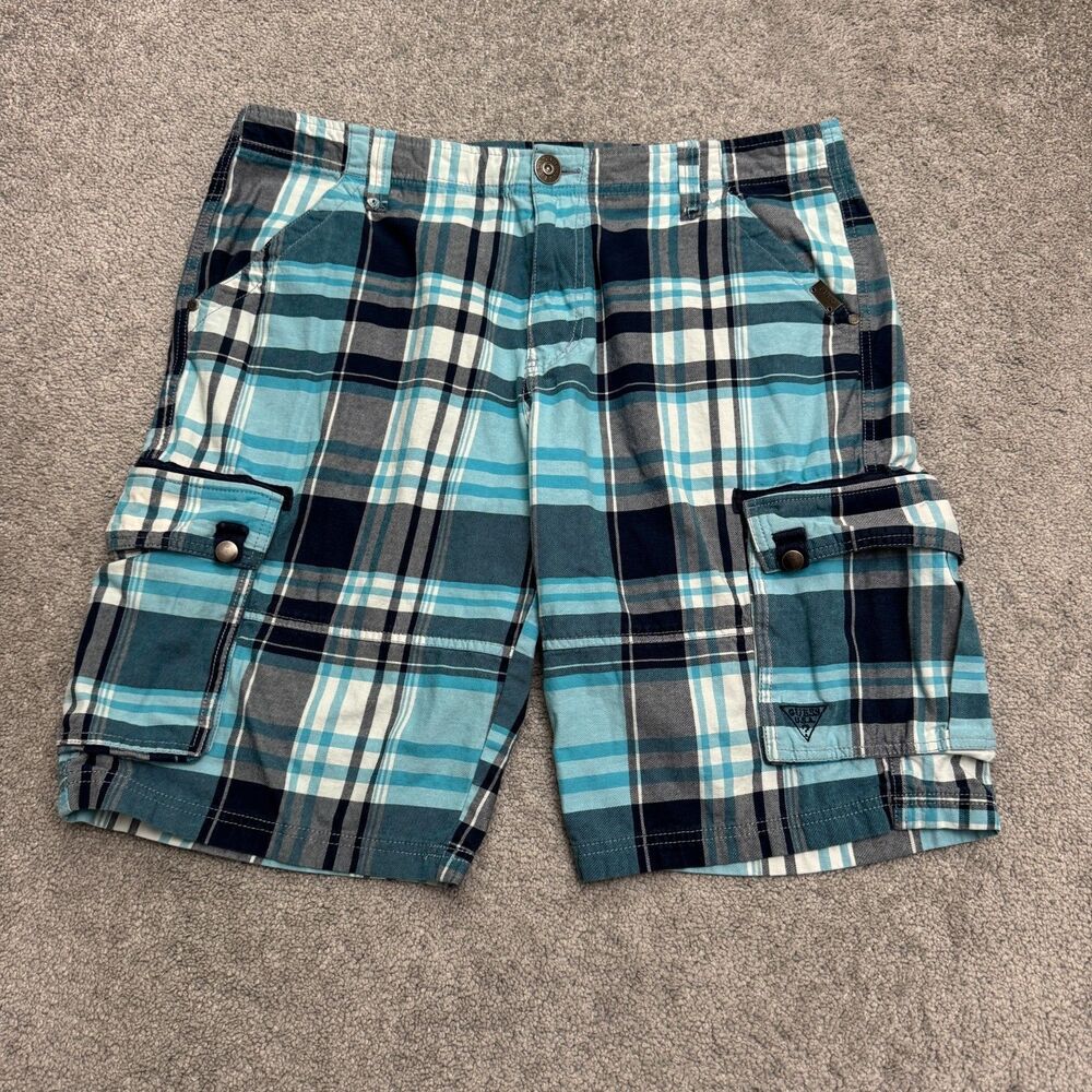 Guess Cargo Shorts Men 36 Blue Plaid 100% Cotton Checked Pattern Flat Front Zip